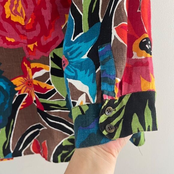 Chico’s Woman Blouse/Tunic Large button down Linen  3/4 sleeves Tropical print - Picture 5 of 17